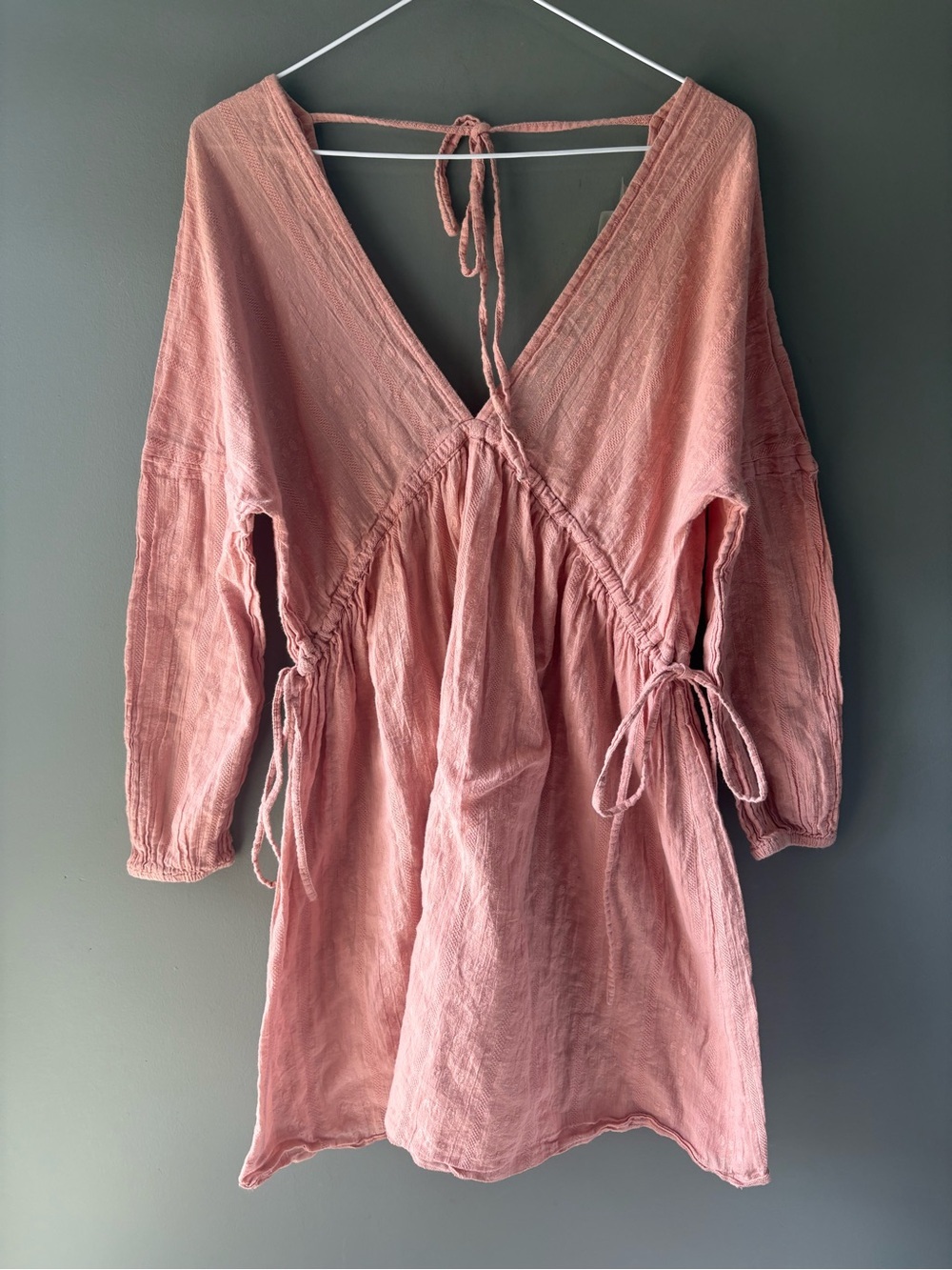 ASOS Dusty Rose Boho Mini Dress Size US6/UK10 US Long Sleeve Deep V Tie Back - Picture 2 of 7